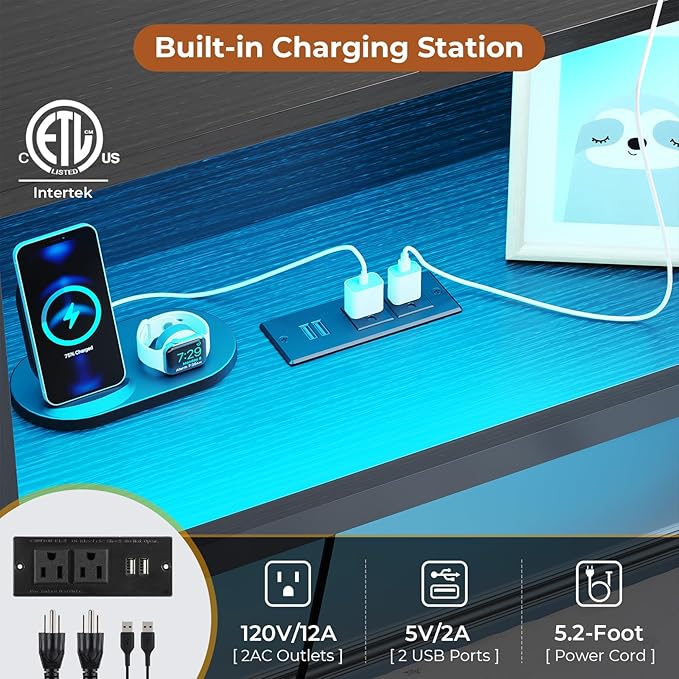 DICTAC Full Corner Bed Frame with Bookcase Storage and Led Lights Metal Platform Bed Frame Full Size with Storage Drawers & Charging Station Full Size Daybed for Teen/Adult,No Box Spring Needed,Black