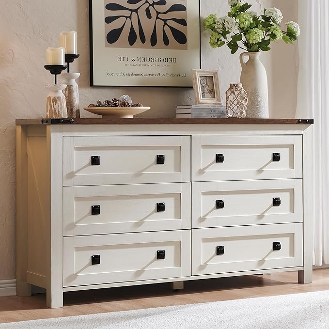 T4TREAM Farmhouse 6 Drawers Dresser for Bedroom, Wood Rustic Wide Chest of Drawers, Storage Dressers Organizer for Bedroom, Living Room, Hallway, Antique White