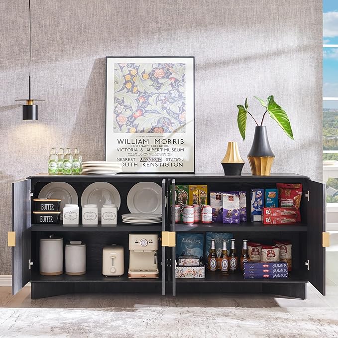 Modern Buffet Cabinet with Storage, 70" Large Sideboard Buffet Storage Cabinet with 4 Doors and Adjustable Shleves, Wooden Curved Coffee Bar for Dining Room, Kitchen, Living Room, Dark Grey