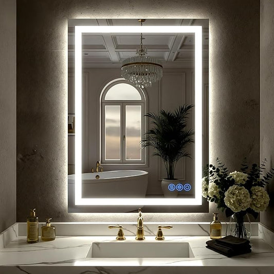 LED Bathroom Mirror 24"x36", Wall-Mounted Vanity Mirrors Front & Backlit Separate Light Control Stepless Dimmable Anti-Fog Memory 3 Color Temperatures Shatter-Proof Tempered Glass
