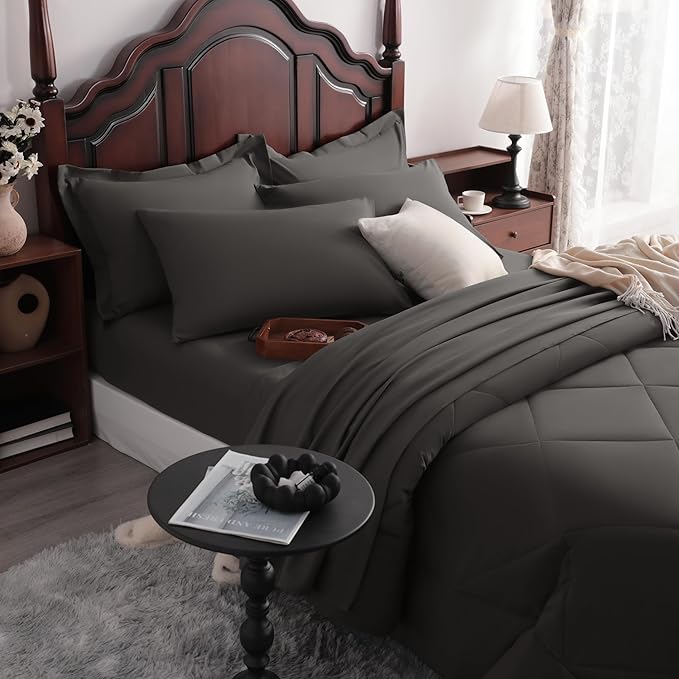 NTBAY Queen Comforter Set with Sheets, 7 Pieces Soft and Breathable Queen Bedding Set, Bed in a Bag, Down Alternative Comforter Set Solid Color All Season, Queen Bedding Set, Dark Grey