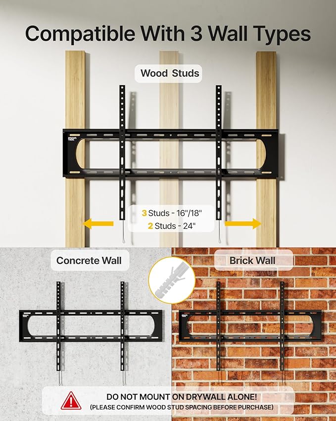 monTEK Heavy Duty Fixed TV Wall Mount Bracket for 60–120" Flat & Curved TVs up to 300lbs, 4× Load Tested, Ultra Slim 1.3" Low Profile, Max VESA 900x600, Quick-Release Lock, Fits 16"/18"/24" Wood Studs