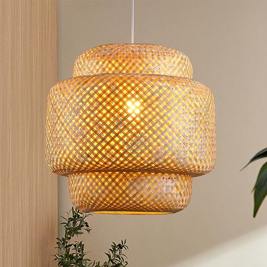 Bamboo Pendant Light - Boho Basket Chandelier Handmade Woven Pendant Light, Natural Wicker Rattan Hanging Chandelier for Kitchen Island Dining Room Living Room Porch