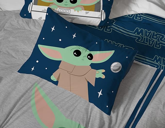 Jay Franco Star Wars The Mandalorian Hello Grogu 7 Piece Queen Size Bed Set - Includes Comforter & Sheet Set - Super Soft Kids Bedding Fade Resistant Microfiber (Official Star Wars Product)