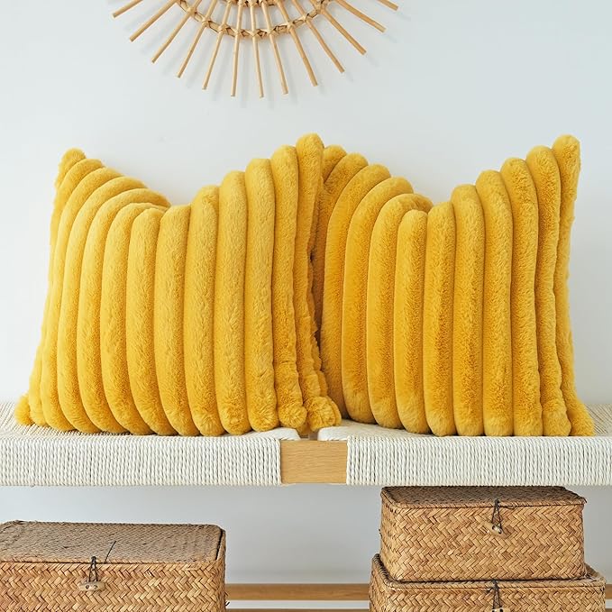 JOJUSIS Pack of 2 Faux Fur Plush Decorative Throw Pillow Covers Couch Cushion Case Soft Pillowcases (Mustard Yellow, 20 x 20-Inch)