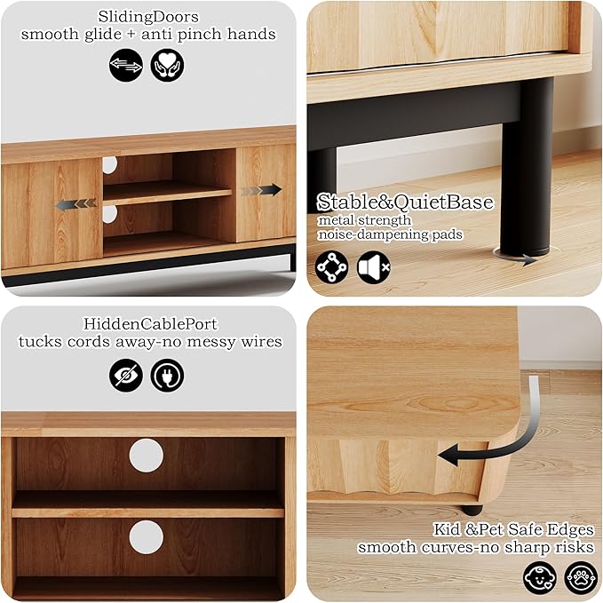 Brown Mid Century Modern TV Stand, Wood Fluted Living Room TV Stands with Storage Sliding Doors, Desert-Inspired Design MCM Entertainment Center for 55 60 65 70 75 55+ 60+ 65+ 70+ Inch