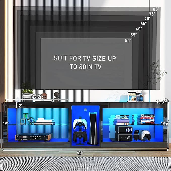 Vinctik 6&Fox 71inch Large High Gloss LED TV Stands w/Power Outlet,60,000-Colors Lighting for 70 75 80inch TV,Modern Black LED Entertainment Center w/Adjustable Glass Shelves for Living Room Gameroom