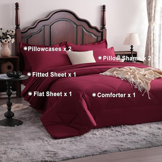 NTBAY Queen Comforter Set with Sheets, 7 Pieces Soft and Breathable Queen Bedding Set, Bed in a Bag, Down Alternative Comforter Set Solid Color All Season, Queen Bedding Set, Wine Red