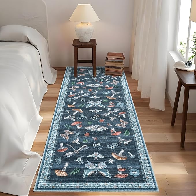 Mushroom Insect Rug 2x6 Runners for Hallways, Boho Kitchen Runner Rugs Non Slip Bath, Modern Washable Rug for Bedroom, Soft Long Rugs for Entryway Bathroom Laundry Dorm, Blue