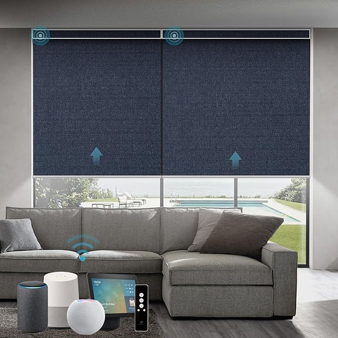 SmartWings Motorized Roller Blinds Work with Matter Homekit Z-Wave Thread Alexa Google, 100% Blackout Smart Window Shades for Bedroom, Cordless Remote Control Customized 16"-110" W, Eclipse Denim