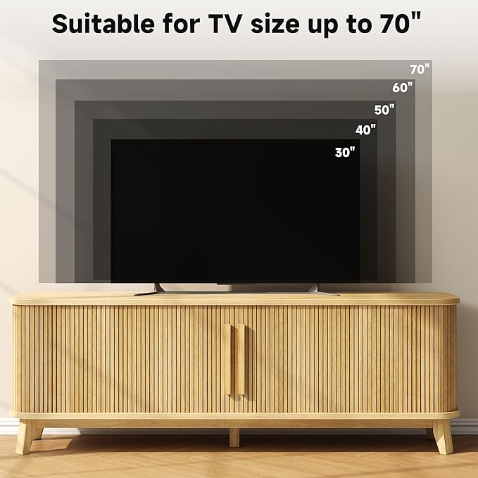 66" TV Stand for 80 Inch TV, Modern Entertainment Center with Storage Cabinet and Adjustable Shelves, Mid-Century Wood Curved TV Media Console with Sliding Doors for Living Room, Bedroom, Natural Oak