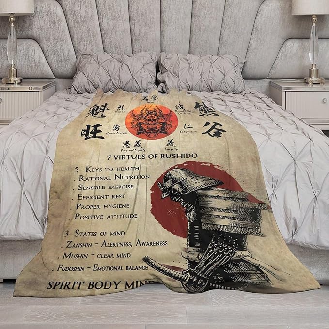 Samurai Warrior Throw Blanket - Japanese Gifts for Boys Men Kids Adults - Soft Warm Cozy Fleece for Couch Sofa Bed 40"x50"