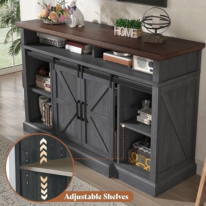 AMERLIFE 66" W Farmhouse TV Stand, Wood 40" H Tall Entertainment Center with Sliding Barn Door & Large Storage Shelves, Rustic Media Console for TVs up to 75", Dark Grey