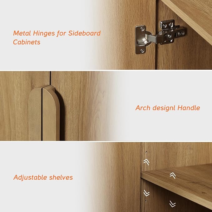 WAMPAT 63" W Large Buffet Sideboard Cabinet with Storages, Modern Buffet Table Coffee Bar Wine Bar Storage Curved Cabinet with 4 Doors for Dining Room, Living Room, Kitchen, Light Walnut