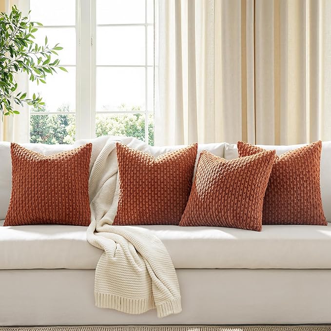 MIULEE Throw Pillow Covers Soft Couch Decorative Set of 4 Boho Striped Cushion Covers Corduroy Pillowcases Farmhouse Home Decor for Couch Bed Sofa Living Room 18x18 Inch Burnt Orange