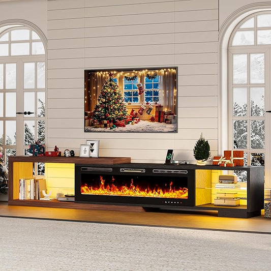 82-116" Electric Fireplace Extendable TV Stand, Modern Entertainment Center with LED Lights and Power Outlet for Up to 120 Inch TV for Living Room Bedroom, Black & Walnut
