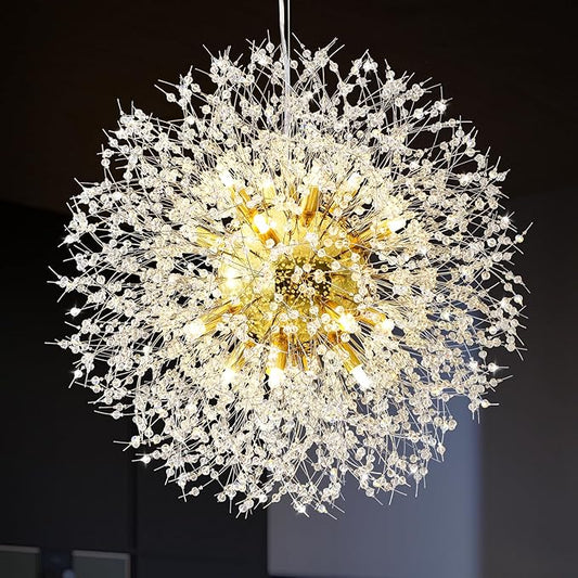 Qamra Modern Crystal Gold Chandeliers, Firework Dandelion Sputnik Chandelier Light Fixture Pendant Lighting for Dining Room, Bedroom, Kitchen, Living Room(16-Light, Gold)