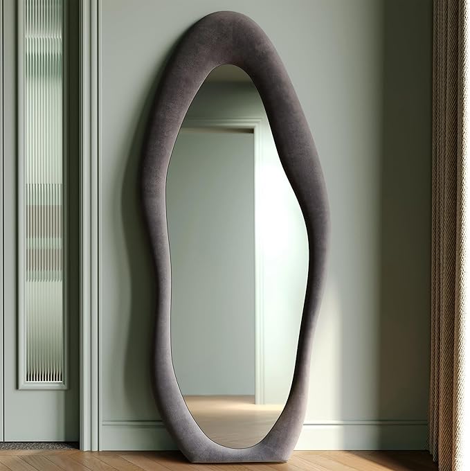 Honyee Full Length Mirror, 63" x 24" Wall Mirror, Flannel Wrapped Wooden Frame Full Body Mirror, Irregular Wavy Mirror Hanging or Leaning Against Wall for Cloakroom/Bedroom/Living Room, Grey