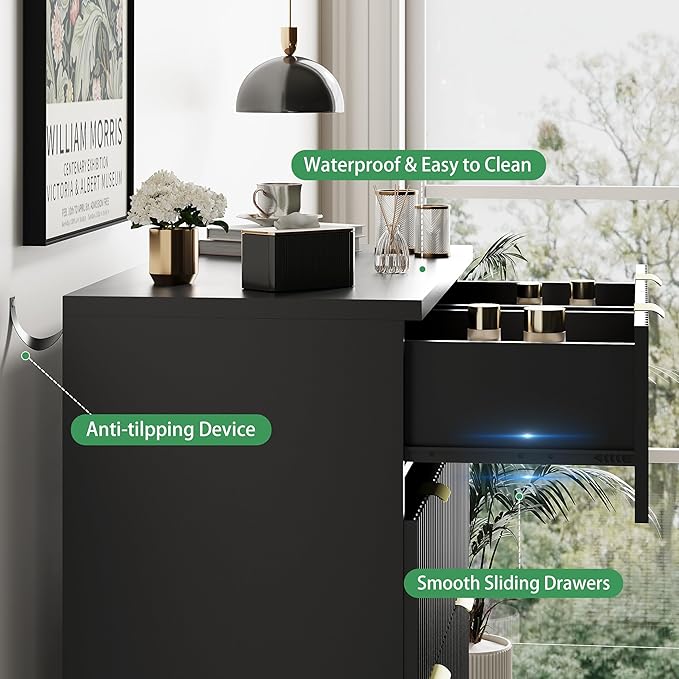 Fluted Dresser for Bedroom with 6 Drawers, 46" Tall Modern Chest of Drawers with Metal Handle, Wooden Dresser TV Stand, Wood Closet Clothes Storage Organizer for Living Room, Hallway, Black