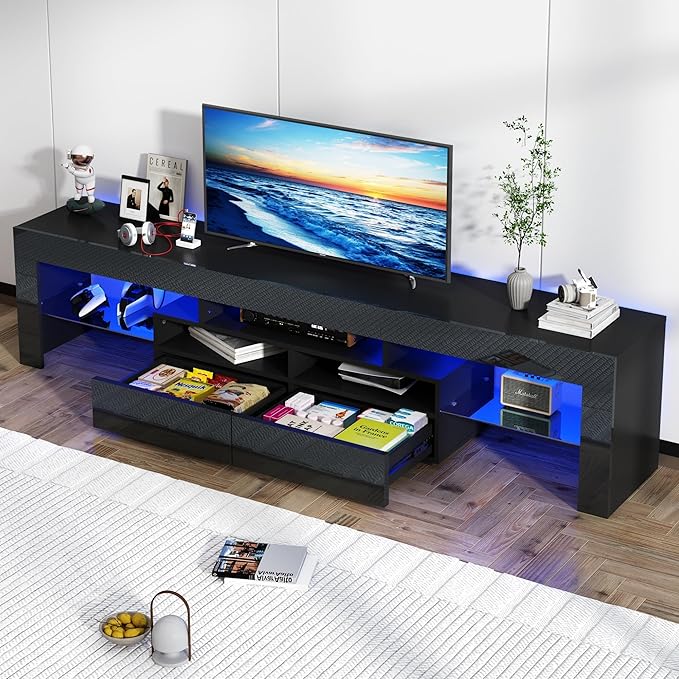 St.Mandyu LED TV Stand for 90/100 inch TV, High Glossy Modern Entertainment Center with Drawer and Led Lights, Television Table Media Console for Living Game Room Bedroom, Black