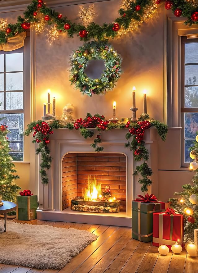 24 Inch Prelit Christmas Wreath for Front Door, Battery Operated LED Light Christmas Wreath with Pine Cones, Red Berry Clusters, Branches and Leaves, Lighted Wreath Wall Windows Decoration