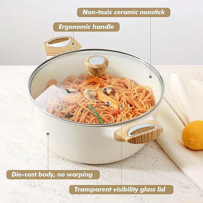 SENSARTE Ceramic Nonstick Stock Pot with Lid, 2.6/4.5/6.6/8.5 QT Soup Pot Casserole Pot, Non-toxic Healthy Pasta Pot, Large Cooking Pot Stew Pot, Induction Compatible, PFOA PFAS PTFE Free, White