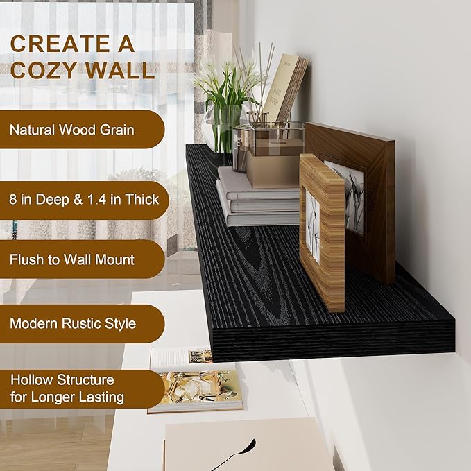 Fun Memories Deep Black Floating Shelves, 8 Inch Deep Floating Shelf for Wall, Rustic Black Wall Shelves 55 Inch Long, Large 55 x 8 Storage Shelves for Living Room, Bedroom, Kitchen