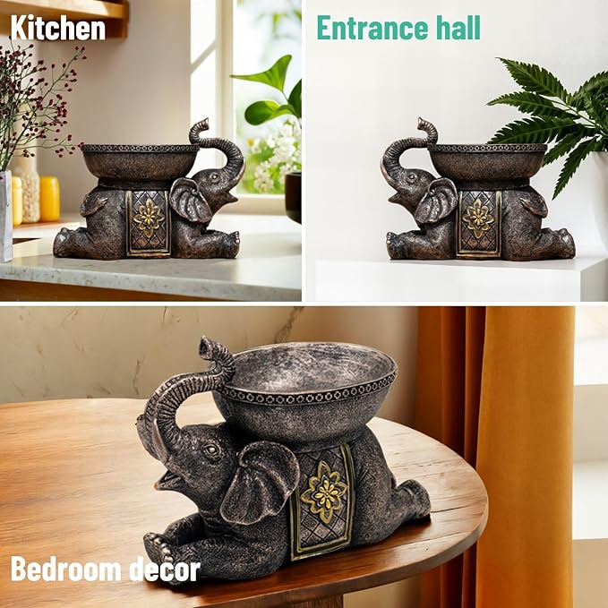 Elephant Decor Resin Sculpture with Tray – Antique Style Animal Figurine for Home, Office, Bookshelf, TV Stand – Unique Gift for Women, Moms, Friends(Copper Elephant Tray)