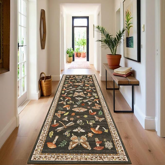 2.5x10 Runner Rug for Hallway Washable Kitchen Rugs Non Slip with Rubber Back Mushroom Soft Low-Pile Stain Resistant Foldable Indoor Carpet for Entryway Laundry Room Floor Mats Brown
