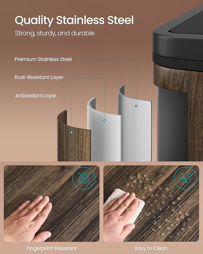 SONGMICS Trash Can, 2 x 8-Gallon Garbage Can for Kitchen, with 15 Trash Bags, 2 Compartments, Plastic Inner Buckets and Hinged Lids, Airtight, Dark Walnut ULTB060N02V1