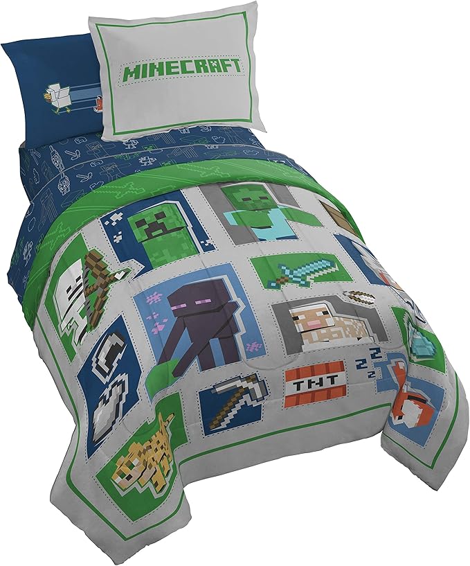 Jay Franco Minecraft 7pc Full Bed Set - Includes Comforter, Sheet Set & Decorative Pillow Shams - Features Creeper, Ghost, Zombie & Enderman Characters