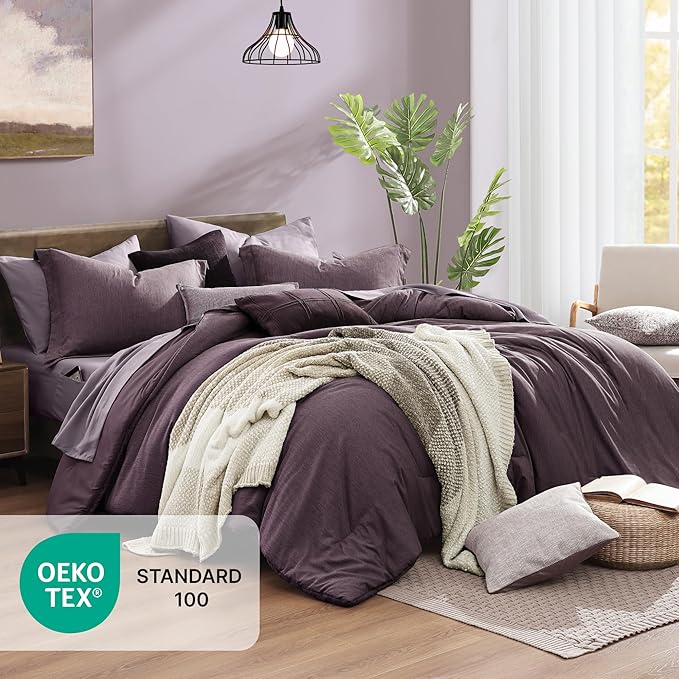 Monbix King Size Comforter Set, Italian Plum King Bedding Set Reversible, 7 Pieces, Cationic Dyeing Bed in a Bag King with Comforter, Sheets, Pillowcases & Shams