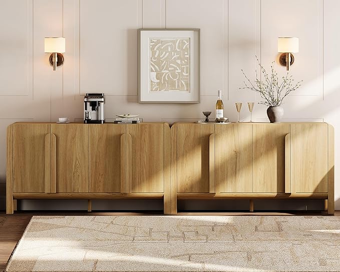 WAMPAT 126" W Large Buffet Sideboard Cabinet with Storages, Modern Buffet Table Coffee Bar Wine Bar Storage Curved Cabinet with 4 Doors for Dining Room, Living Room, Kitchen,Walnut