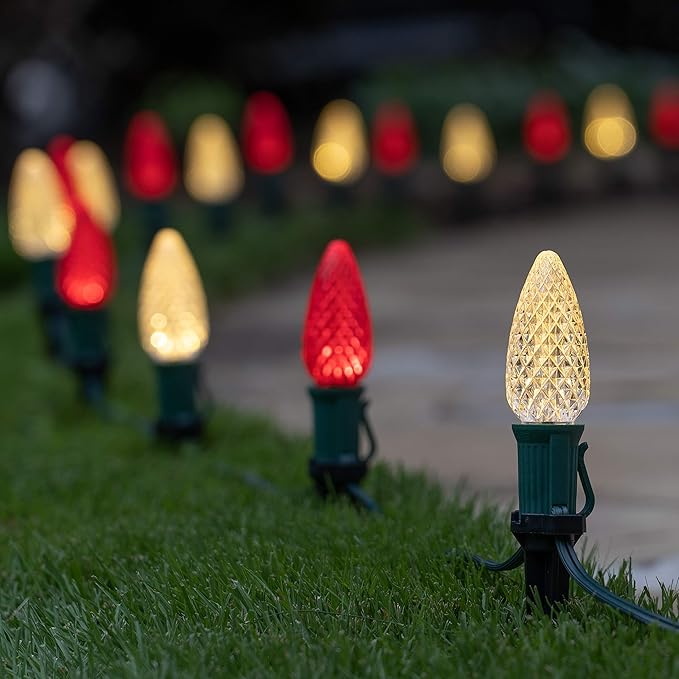 Wintergreen Lighting 50' OptiCore LED C9 Red and Warm White Pathway Christmas Lights, Heavy Duty Bulbs for Driveway, Walkway Marker, 5" Commercial PathPRO Stakes, 18 Gauge Green Wire