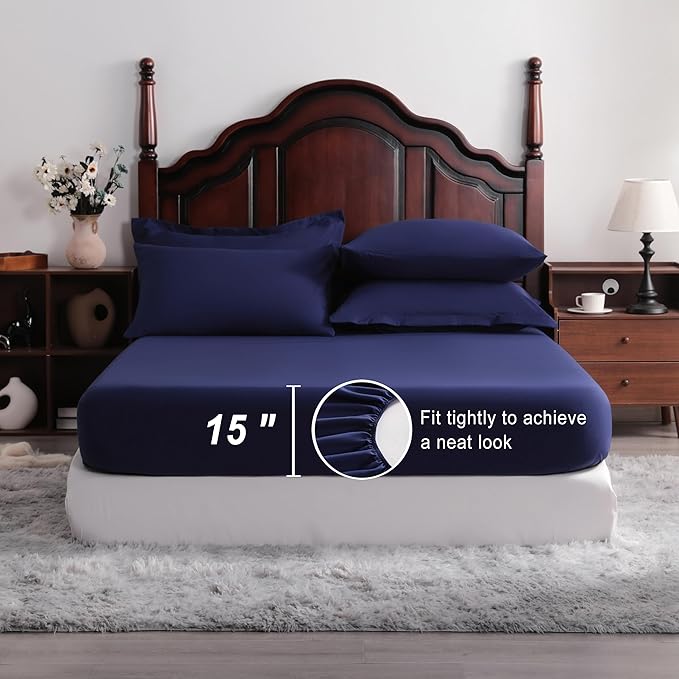 NTBAY King Comforter Set with Sheets, 7 Pieces Soft and Breathable King Bedding Set, Bed in a Bag, Down Alternative Comforter Set Solid Color All Season, Navy Blue