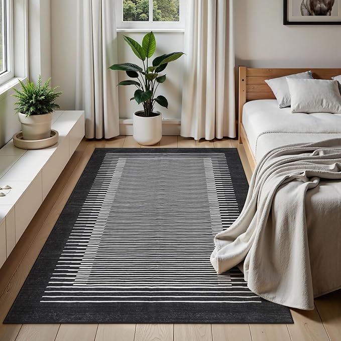 Morebes Modern Washable 5x7 Rug for Living Room, Geometric Striped Bedroom Rug Non Slip Office Rug, Stain-Resistant Low Pile Soft Indoor Floor Carpet for Dining Room Playroom, Black