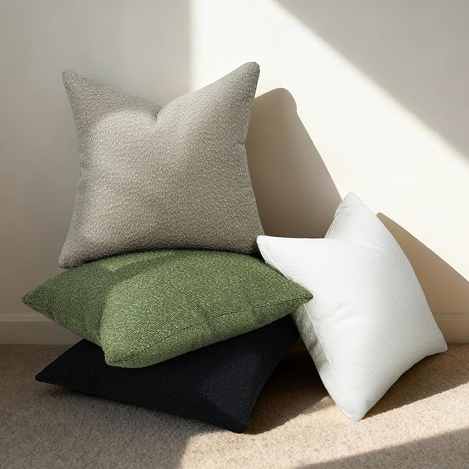 Textured Boucle Pillow Covers 18x18 Inch Set of 2, Striped Solid Pillowcases Cozy Soft Modern Accent Boho Square Decorative Throw Pillows for Couch Sofa Bed Living Room Home Decor, Oatmeal