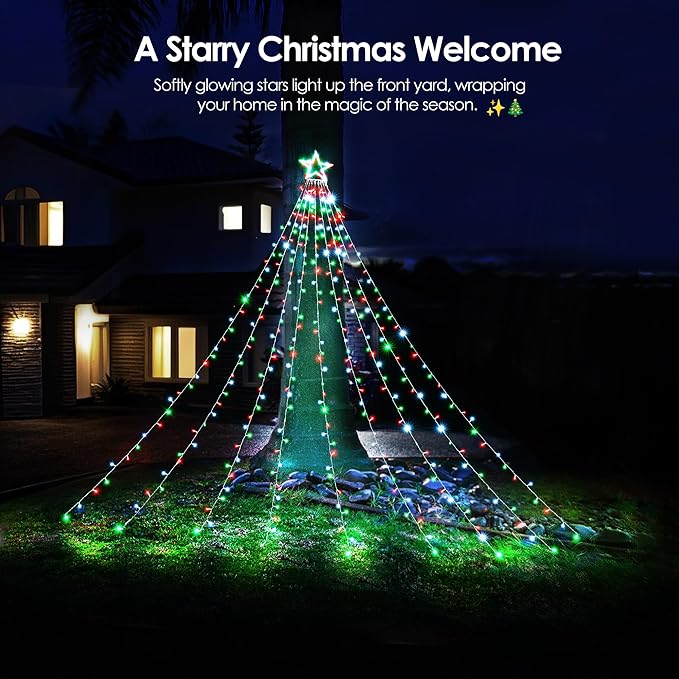 WBao Outdoor Christmas Decorations with 12" Star Topper, 344 LED 11.9ft Waterfall Christmas Lights, Remote Control 8 Modes, 3 Timers, UL Listed Waterproof for Tree Roof Porch Decor, Red Green White