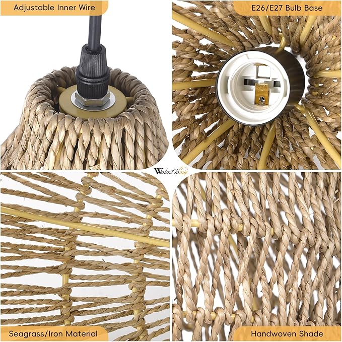 1 Light Seagrass Pendant Light for Kitchen Island, Farmhouse Rustic 13.77''W Small Woven Chandelier Ceiling Hanging Light Fixture Handmade Wicker Shade for Dining Room Shop Restaurants