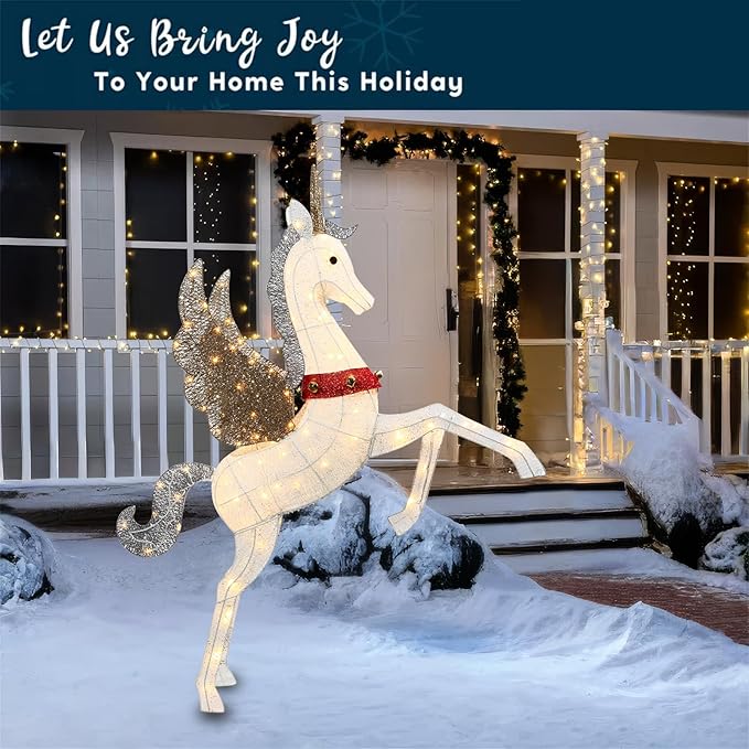 4.7ft Light Up Unicorn Christmas Decorations for Outdoor Indoor, 140 LED Lighted Yard Decoration with Waterproof Safe Material for Garden, Lawn, Party, Holiday, Ground Stakes Zip Ties, Plug and Play