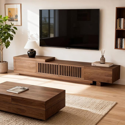 94.48" Mid Century Modern TV Stand for TVs up to 70"-90",Tv Console with 4 Storage Cabinets, Media Furniture for Living Room or Bedroom,Walnut (70.87“) (78.54“ to 103")