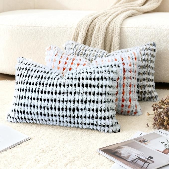 Boho Chenille Tufted Pillow Cover 12x20 Inch Set of 1, Farmhouse Striped Decorative Pillow Covers Accent Fluffy Neutral Lumbar Pillowcases for Couch Sofa Bedroom Living Room, Black White