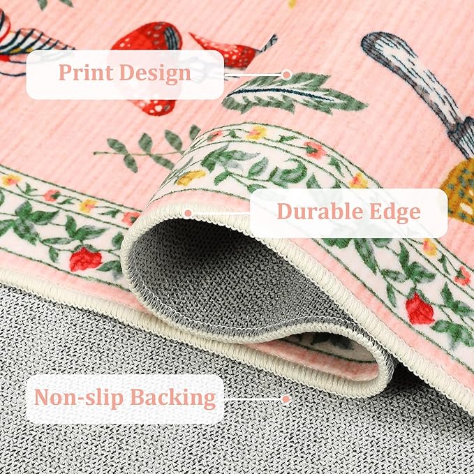 Mushroom Insect Washable Rug 5x7 Area Rugs for Bedroom Non Slip with Rubber Back Low Pile Stain Resistant Modern Butterfly Carpet for Living Room Nursery Kitchen Dining Room Light Pink