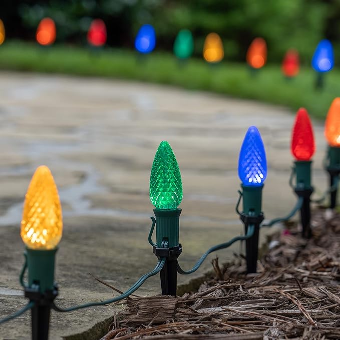 Wintergreen Lighting 50' OptiCore LED C9 Multicolor Pathway Christmas Lights, Heavy Duty Bulbs for Driveway, Walkway Marker, 5" Commercial PathPRO Stakes, 18 Gauge Green Wire