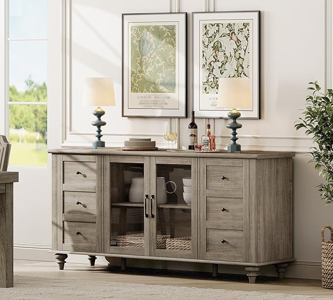 WAMPAT Glass Door Farmhouse TV Stand for TVs up to 65 inch, Wood TV Console Table with Storage Cabinets, Entertainment Center for 32-60 inch TV Console Cabinet, 58 Inch, Grey