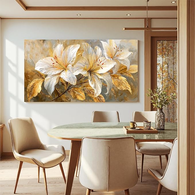 Canvas Wall Art Decor White Flower Pictures Wall Decor For Living Room Gold Botanical Wall Art Decor Modern Aesthetics Wall Art Paintings Prints For Home Bedroom Office Room Wall Decor 20×40 Inch
