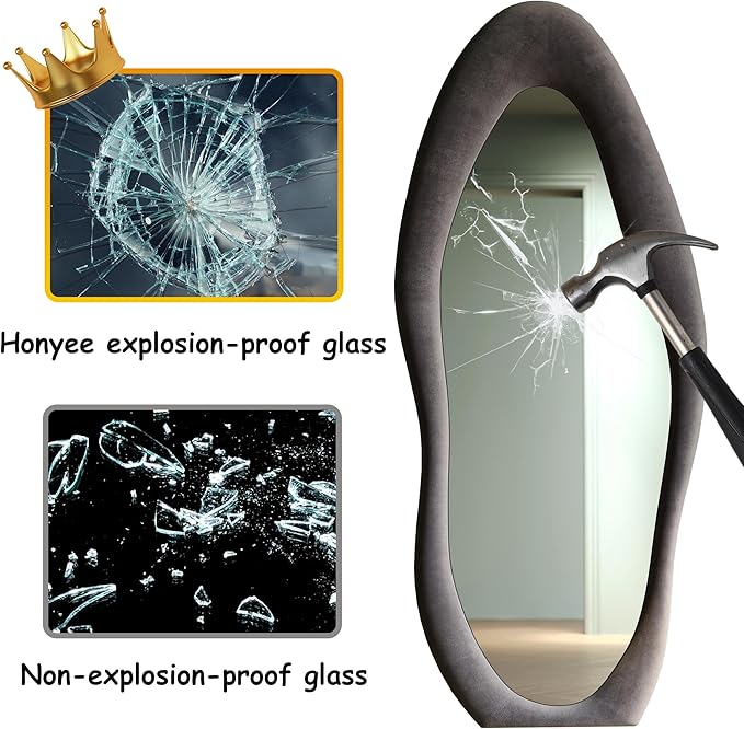 Honyee Full Length Mirror, 63" x 24" Wall Mirror, Flannel Wrapped Wooden Frame Full Body Mirror, Irregular Wavy Mirror Hanging or Leaning Against Wall for Cloakroom/Bedroom/Living Room, Grey