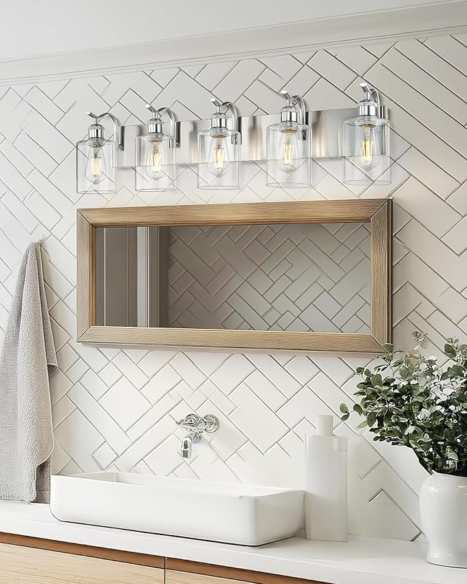 5 Light Bathroom Vanity Light, Brushed Nickel Vanity Lights for Morden Bathroom Lighting Fixtures Over Mirror Wall Light Fixtures with Clear Glass Shade ZCVL01BN-5