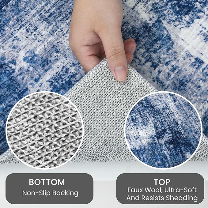 IOHOUZE Abstract Runner Rug 3x8 Ft Washable Runners for Hallways, Non Slip Kitchen Runner Printed Faux Wool Entryway Runner Indoor, Modern Abstract Floor Carpet for Hall Bedroom, Navy/Grey