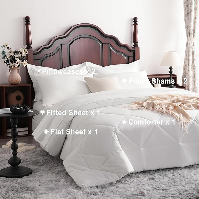NTBAY Queen Comforter Set with Sheets, 7 Pieces Soft and Breathable Queen Bedding Set, Bed in a Bag, Down Alternative Comforter Set Solid Color All Season, Queen Bedding Set, White